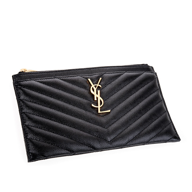 YSL 經典MONOGRAM系列V字縫線魚子醬牛皮金色LOGO拉鍊手拿包 (黑色)