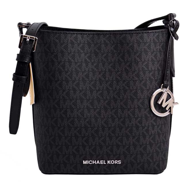 MICHAEL KORS KIMBERLY 銀字LOGO滿版防刮皮革斜背水桶包-黑