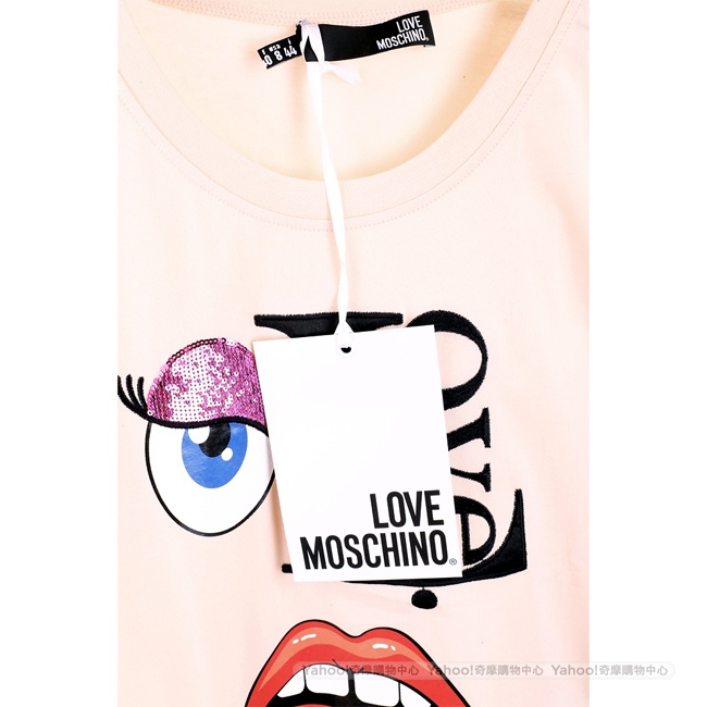 LOVE MOSCHINO 眨眼紅唇膚色棉質短袖T恤