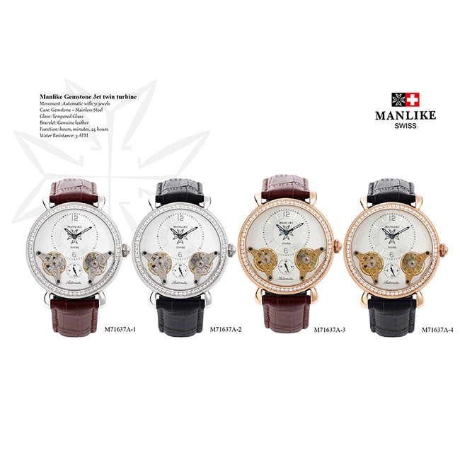 Manlike 曼莉萊克 奢華噴射雙渦輪機械錶 銀色 黑色皮帶