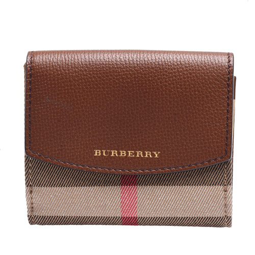 BURBERRY 經典LUNA系列House格紋拼皮革暗釦對摺短夾(焦糖棕)