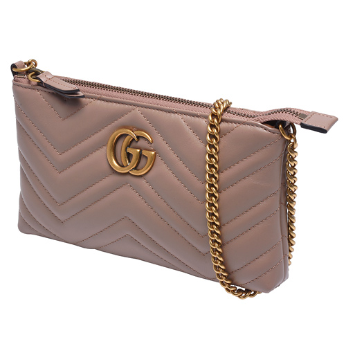 GUCCI Marmont mini絎縫紋牛皮金屬雙G LOGO肩/斜背包(迷你-裸色)