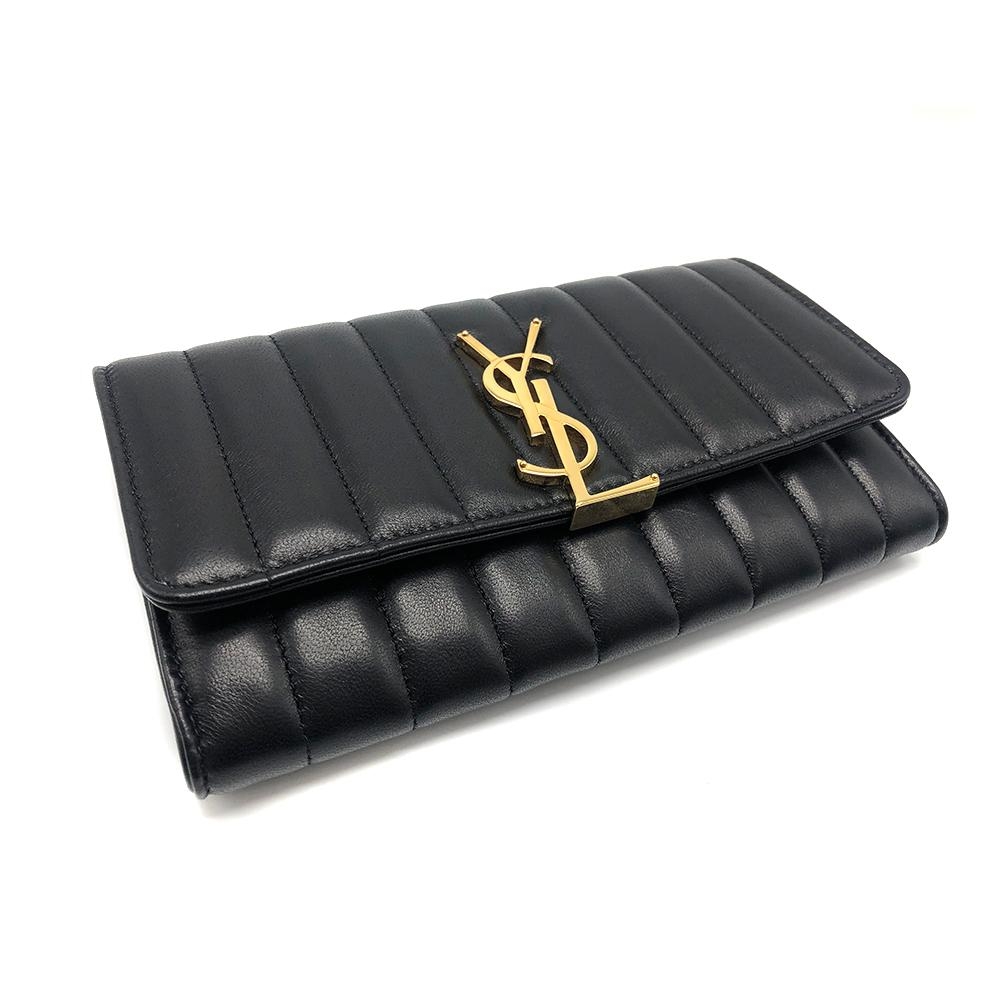 YSL VICKY 金扣小羊皮直條壓紋長夾-黑