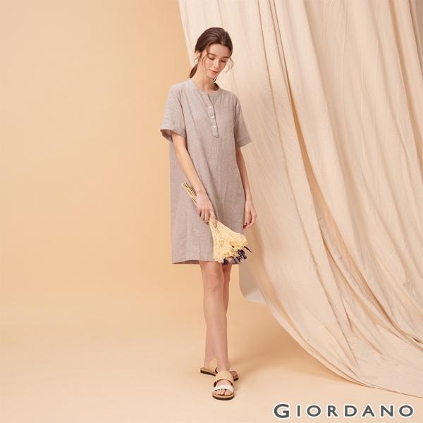 GIORDANO 女裝自然棉麻系列亨利領短袖連身裙-02 淺灰