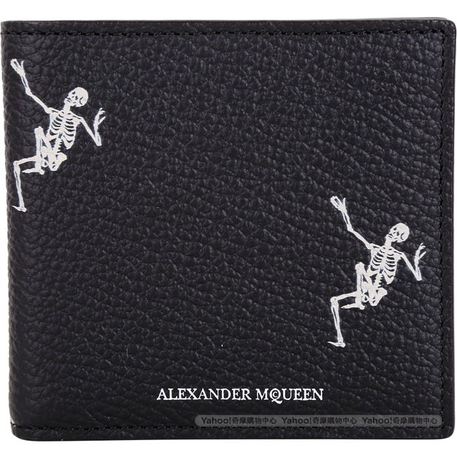 Alexander McQueen 跳舞骷髏頭牛皮八卡短夾(黑色)