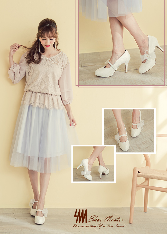 【SM】手工婚鞋-蕾絲紗網花朵防水台小圓尖頭高細跟新娘鞋(2色)