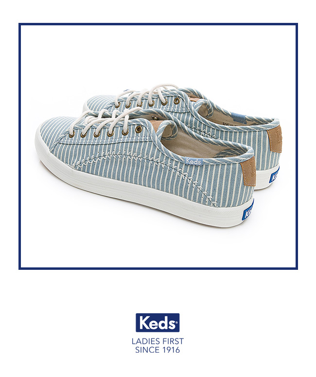 Keds KICKSTART 海洋風條紋綁帶帆布鞋-藍