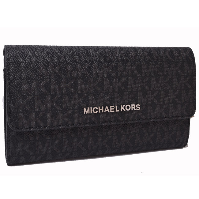 MICHAEL KORS JET SET TRAVEL金字LOGO牛皮三折長夾-滿版黑