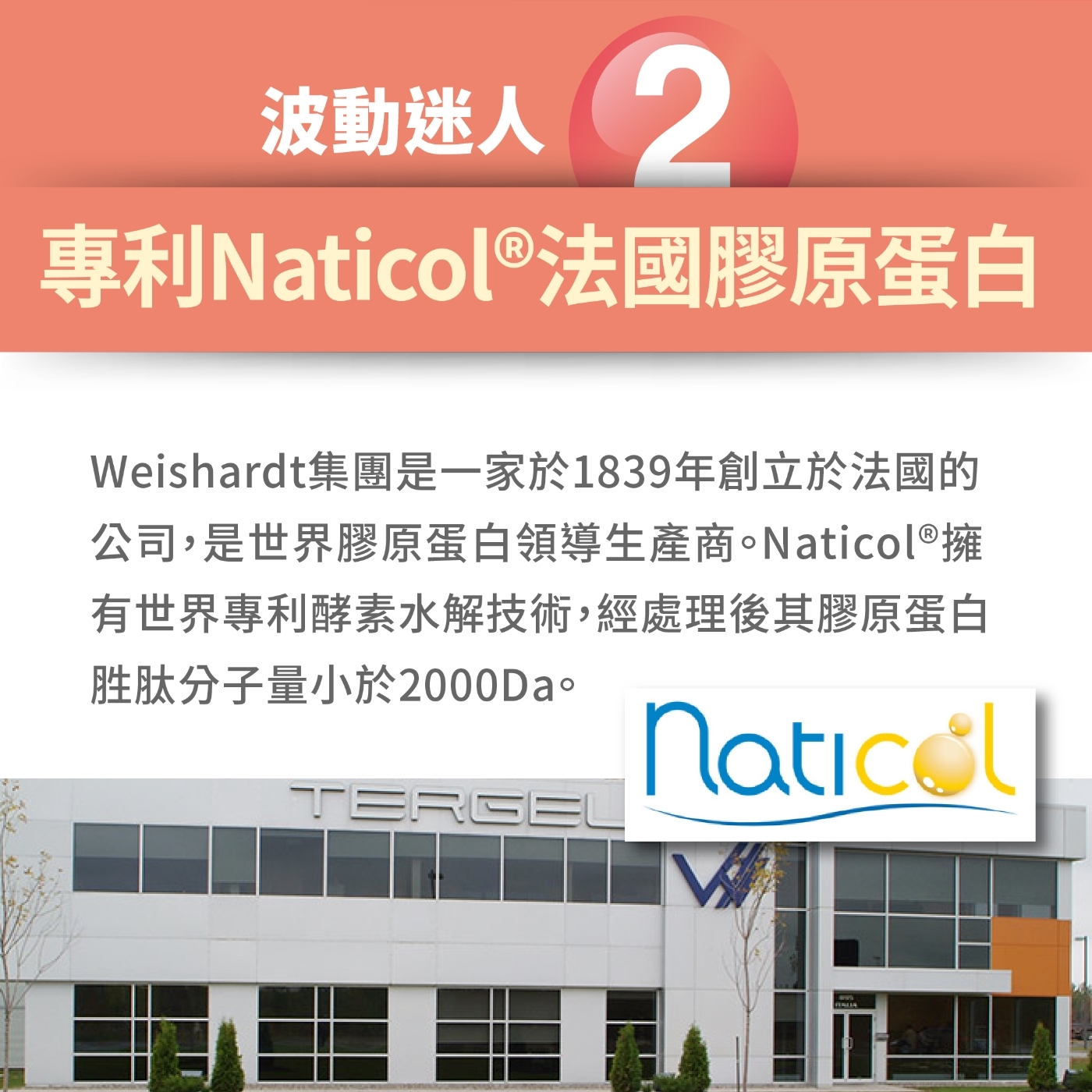 波動迷人2專利Naticol®法國膠原蛋白Weishardt集團是一家於1839年創立於法國的公司,是世界膠原蛋白領導生產商Naticol® 擁有世界專利酵素水解技術,經處理後其膠原蛋白胜肽分子量小於2000Da。