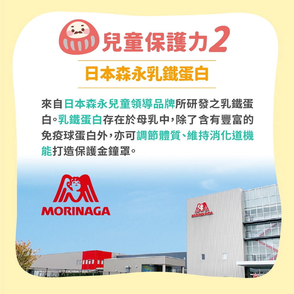 兒童保護力2日本森永乳鐵蛋白來自日本森永兒童領導品牌所研發之乳鐵蛋白乳鐵蛋白存在於母乳中,除了含有豐富的免疫球蛋白外,亦可調節體質、維持消化道機能打造保護金鐘罩。MORINAGAMONNAGA