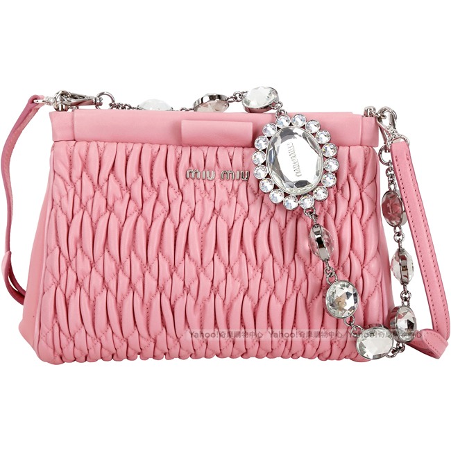miu miu Nappa Crystal 水晶鑽背帶羊皮抓皺晚宴包(玫瑰粉)
