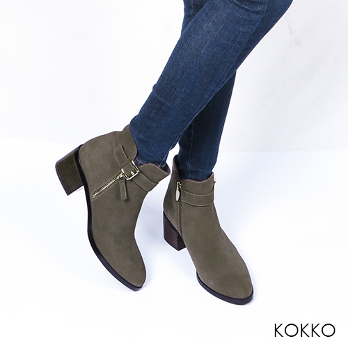 KOKKO-歲月如歌飾扣簡約粗跟短靴-知性綠