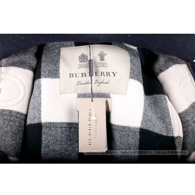 BURBERRY The Plymouth 男/女款 牛角釦海軍藍粗呢羊毛連帽大衣