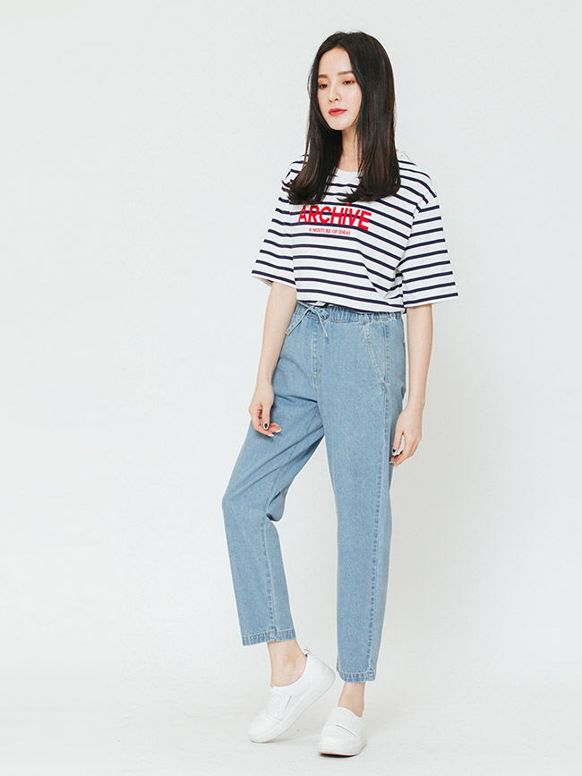 H:CONNECT 韓國品牌 女裝-條紋標語圓領T-shirt-藍
