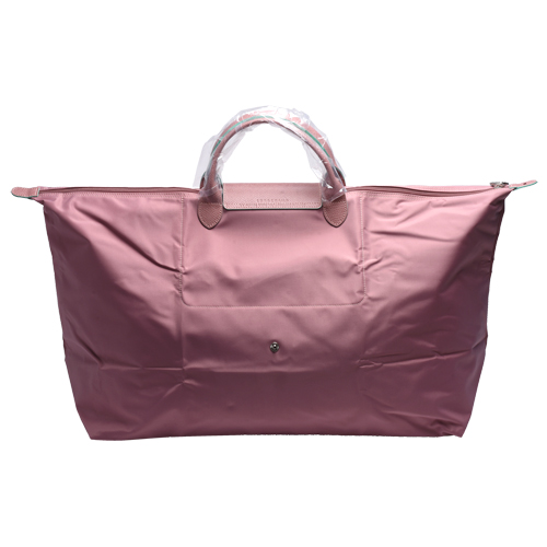 LONGCHAMP Le Pliage刺繡摺疊暗釦/拉鍊短提把尼龍水餃包-XL-古董粉紅色