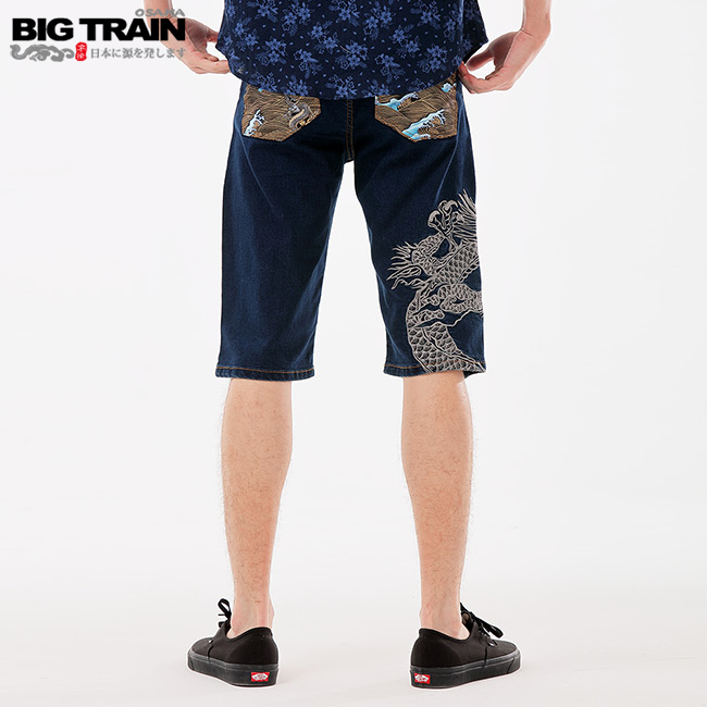 BigTrain 加大跨版海龍刺繡配布五分褲-男-深藍