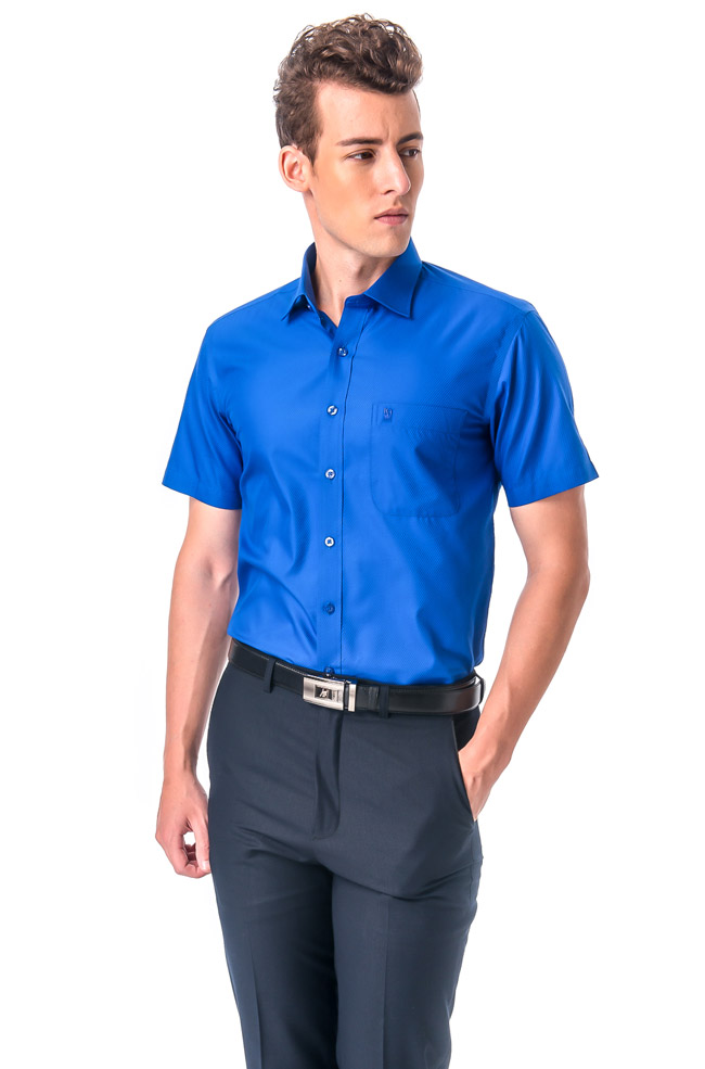 金‧安德森 藍色斜紋窄版短袖襯衫