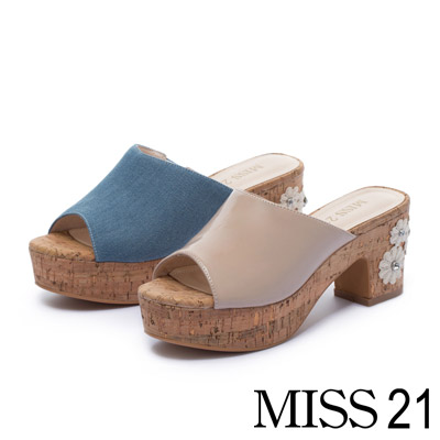 拖鞋 MISS 21 復古蕾絲花造型魚口高跟拖鞋－藍