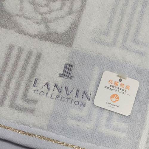 LANVIN 方格玫瑰品牌圖騰LOGO刺繡正方巾(灰色系)