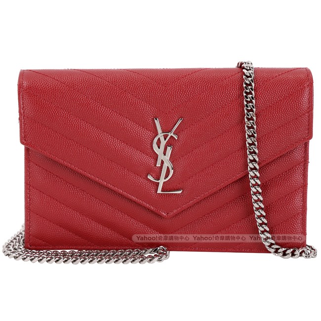 YSL Saint Laurent MONOGRAM 小型斜壓魚子醬牛皮鍊帶包(紅色)