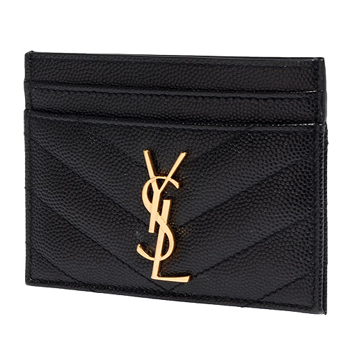 YSL MONOGRAM系列V字縫線魚子醬牛皮金屬LOGO萬用票卡/證件名片夾(黑)