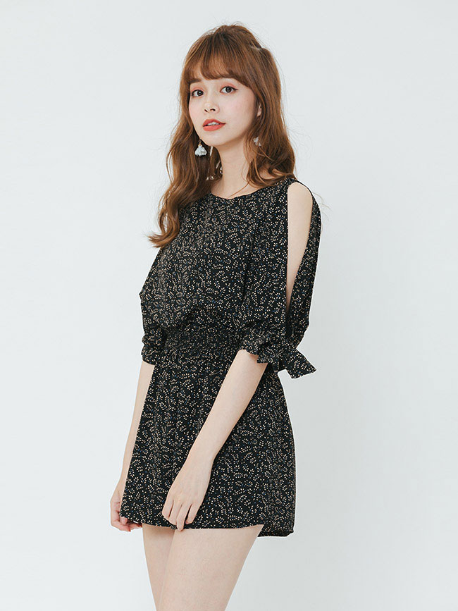 H:CONNECT 韓國品牌 女裝-削肩印花連身短褲-藍