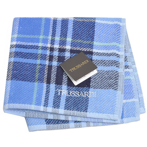 TRUSSARDI 正方格圖紋字母刺繡LOGO小方巾(水藍格)