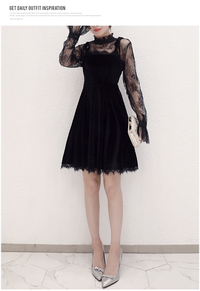 優雅輕盈黑色蕾絲立領洋裝S-2XL-REKO