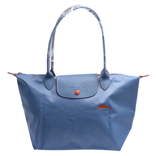 LONGCHAMP Collection刺繡摺疊暗釦/拉鍊長提把尼龍水餃包(大-粉藍色)