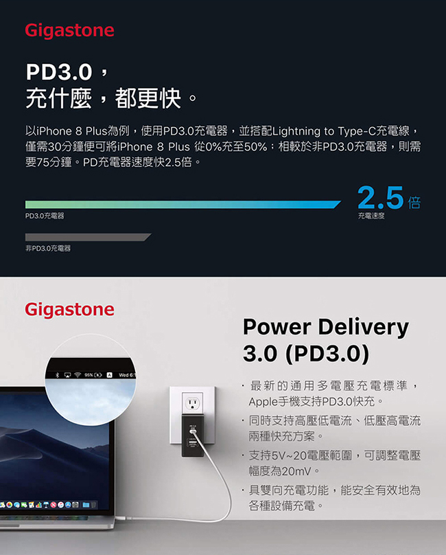 【Gigastone】USB Type-C PD3.0急速快充充電器 (PD-6570B)