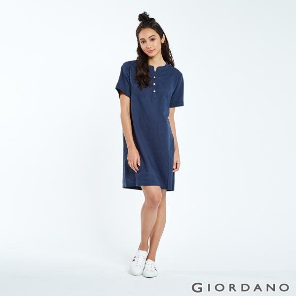 GIORDANO 女裝自然棉麻系列亨利領短袖連身裙-66 標誌海軍藍