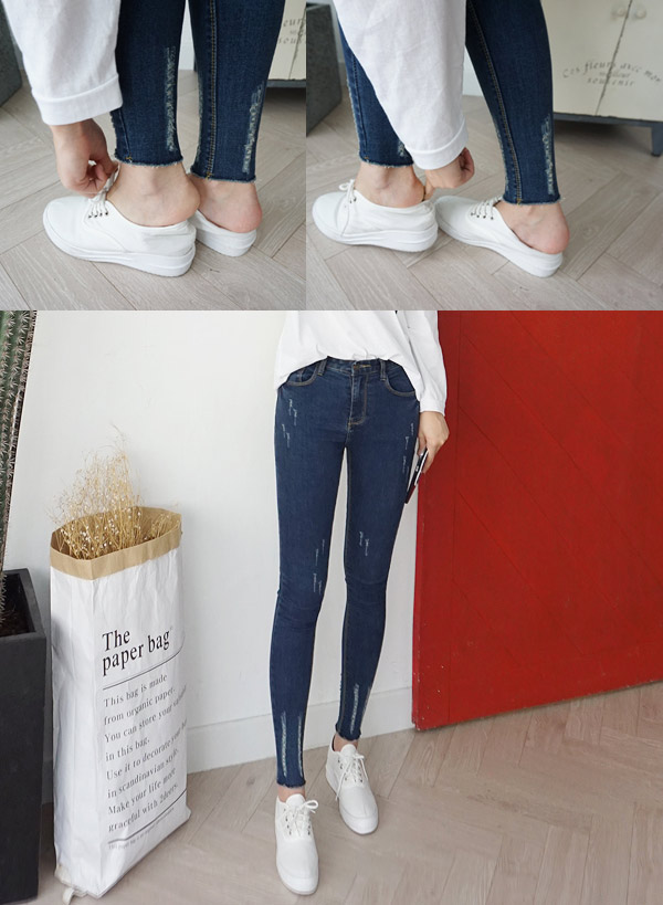 正韓 顯瘦貼腿勾破褲管高腰-(藍色)100%Korea Jeans