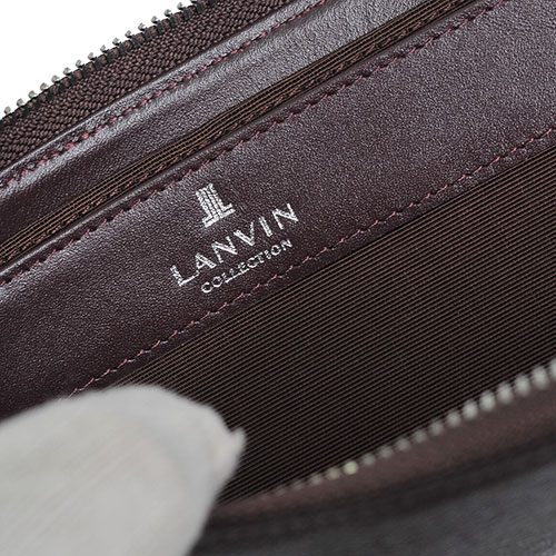 LANVIN 品牌經典LOGO圖騰防刮牛皮拉鍊L型手機可放長夾(深咖啡)