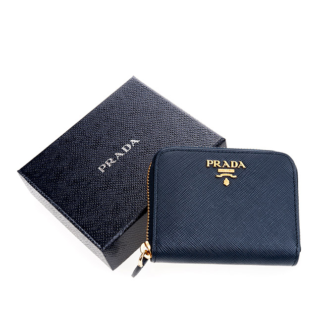 PRADA 經典Saffiano 金字LOGO十字紋牛皮拉鍊零錢包 (深藍)