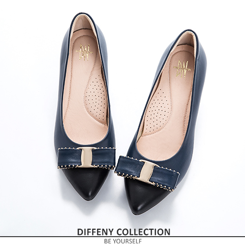 DN 都會時尚 立體飾釦雙色尖頭跟鞋-藍