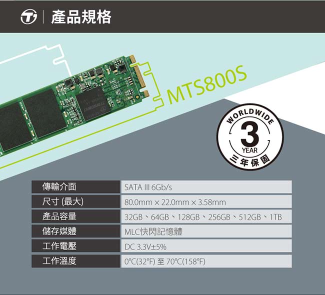 創見MTS-800 512GB M.2 2280 SATA SSD 固態硬碟