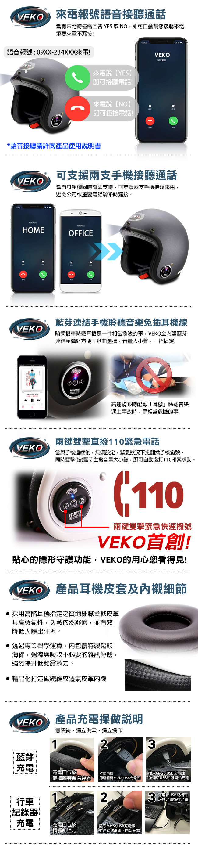 VEKO二代隱裝式720P行車紀錄器+內建雙聲道藍芽通訊安全帽(雅光尊爵黑)