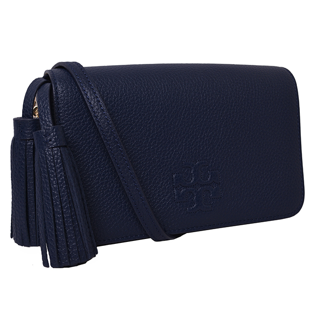 TORY BURCH THEA流蘇荔枝紋縫線LOGO鍊帶斜背方包-海軍藍