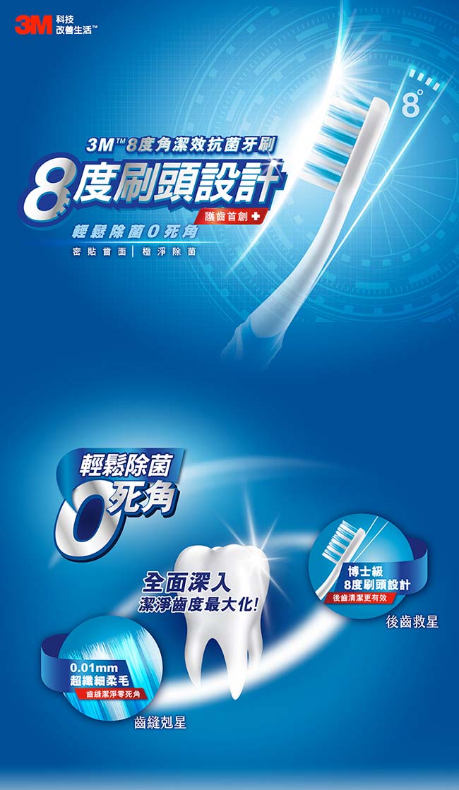 3M 8度角潔效抗菌牙刷-標準刷頭纖細尖柔毛(3入)