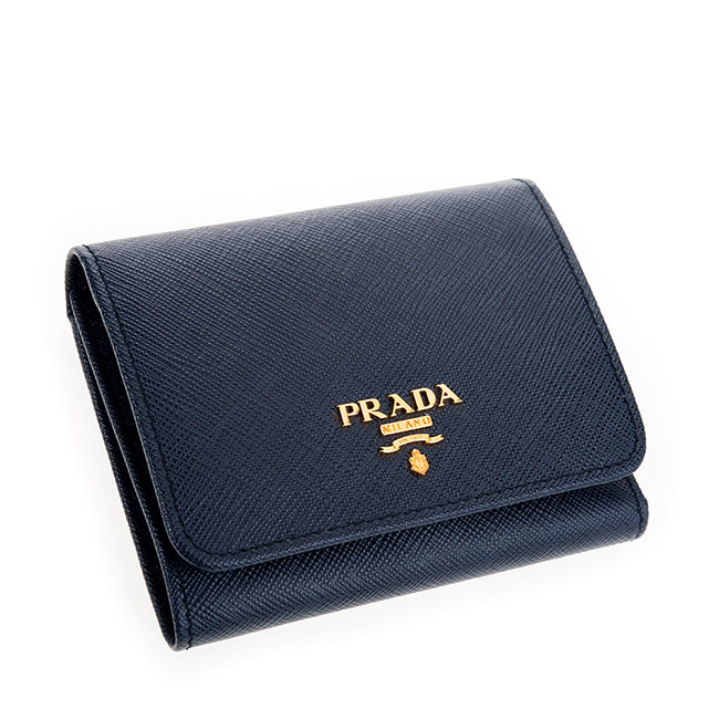 PRADA 經典浮雕金字LOGO十字紋防刮牛皮扣式三折短夾 (深藍)