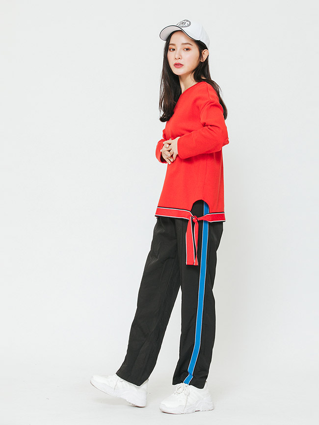 H:CONNECT 韓國品牌 女裝-織帶配色側綁帶上衣-紅