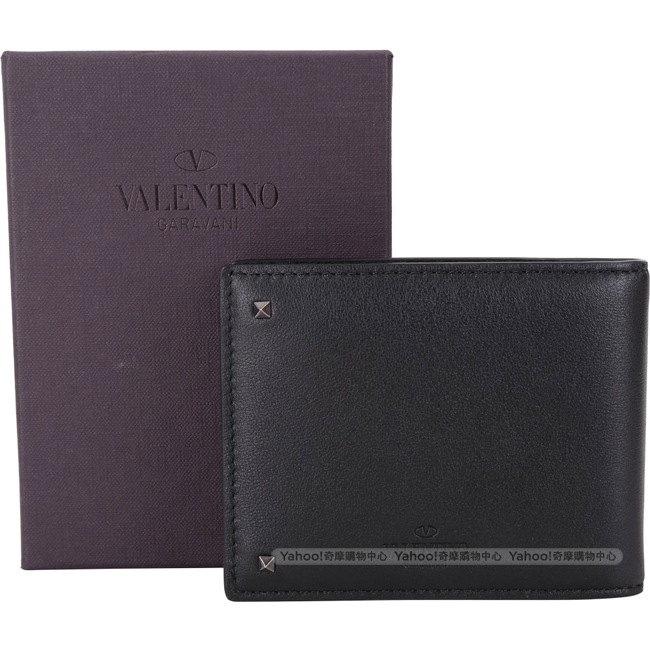 VALENTINO Rockstud 金屬鈔票夾鉚釘黑色牛皮六卡短夾