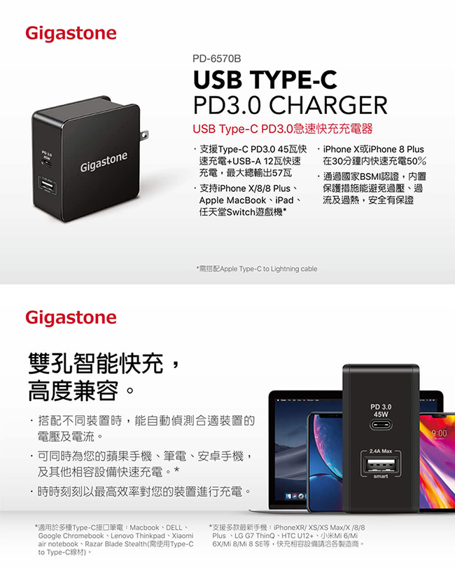【Gigastone】USB Type-C PD3.0急速快充充電器 (PD-6570B)