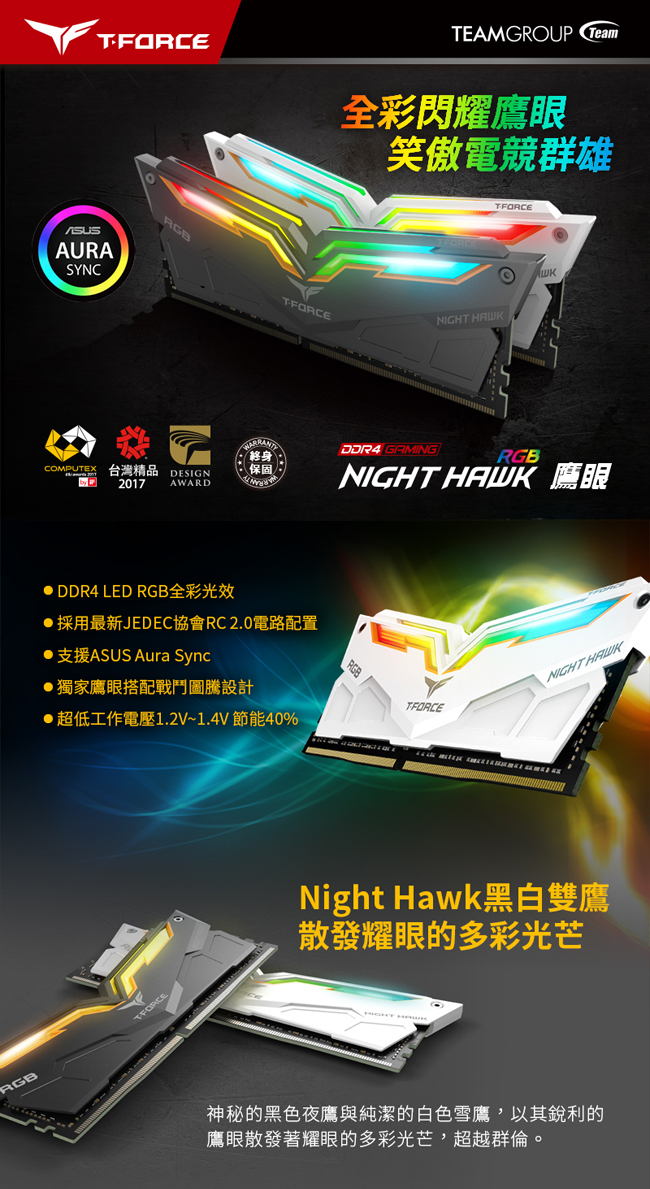 TEAM十銓Night Hawk RGB白色 DDR4-4000 16GB(8GB*2)