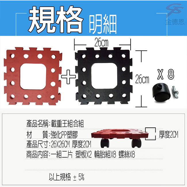 金德恩 台灣製造 高硬度耐衝擊滑輪棧板 2片組