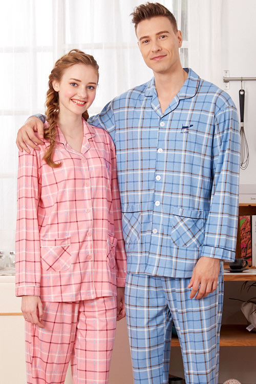 睡衣 格紋小喵喵 針織棉長袖兩件式睡衣(R77211-2粉色) 蕾妮塔塔