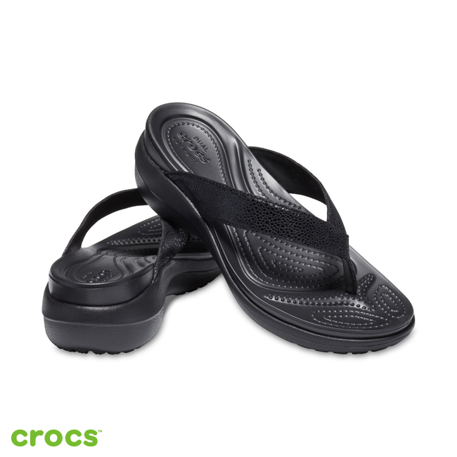 Crocs 卡駱馳 (女鞋) 卡沛兒亮面坡跟人字拖 205782-060