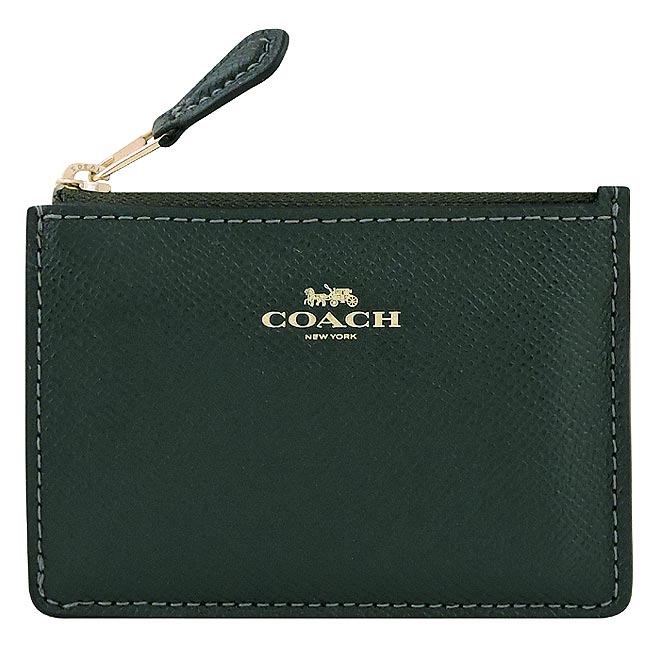 COACH 墨綠色防刮皮革鑰匙零錢包