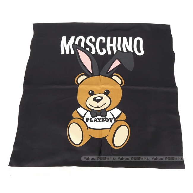 MOSCHINO Playboy 兔耳泰迪熊圖案絲質披肩(黑色)