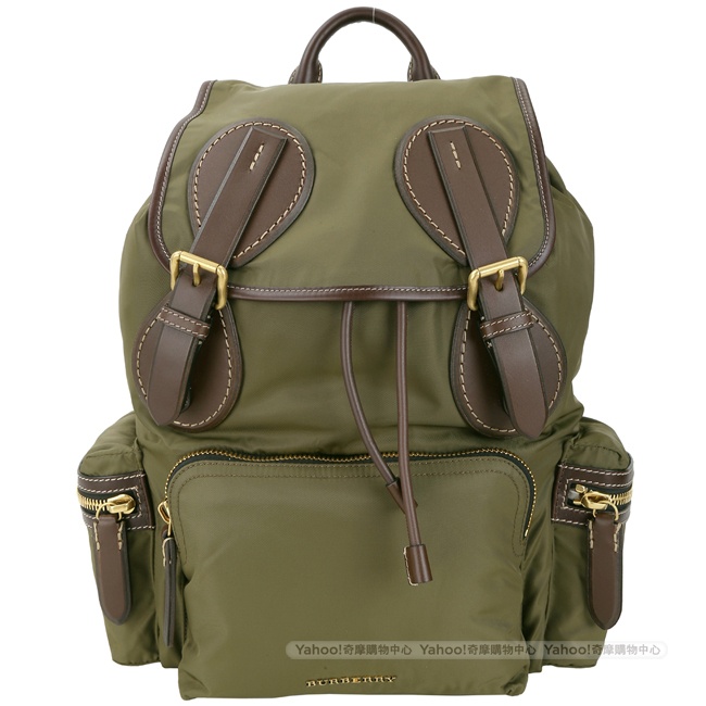 BURBERRY The Rucksack 大型科技尼龍拼接明線皮革軍旅後背包(綠)